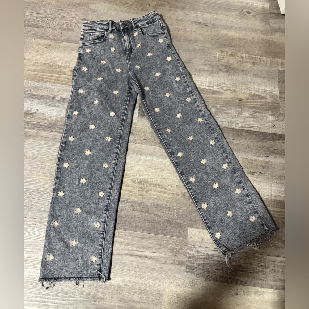 Girls Grey Acid Washed - Floral Embroidered Straight-Leg Jeans